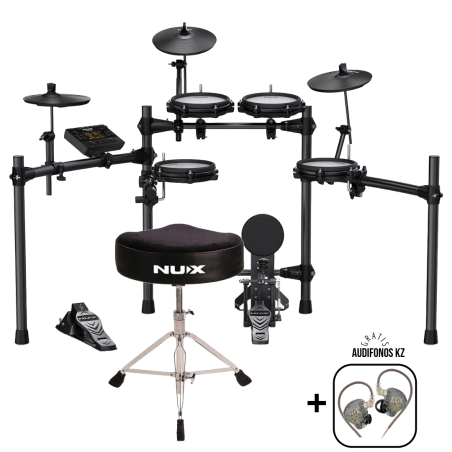 KIT BATERIA NUX DM-210 PERFORMER CON SILLA TIPO MOTO y AUDIFONOS KZ EDX